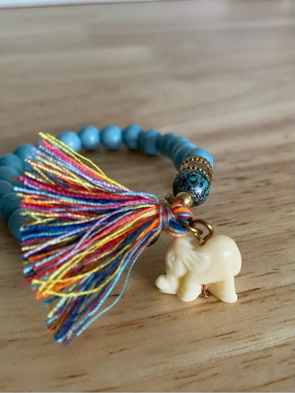 Turquoise Blue Beaded Stretch Bracelet Ivory Elephant Charm Multicolor Tassel